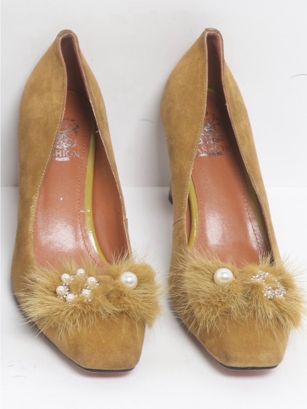 Zhenpi Mustard Suede Square Toe Block Heel Pump Size 8 Fur Pom Pearl Rhinestone